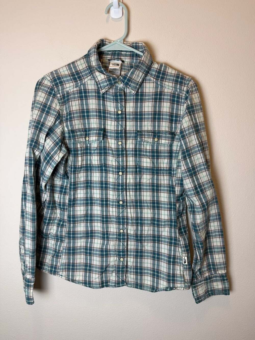 The North Face Plaid Pearl Snap Shirt Size M Blue White Long Sleeve